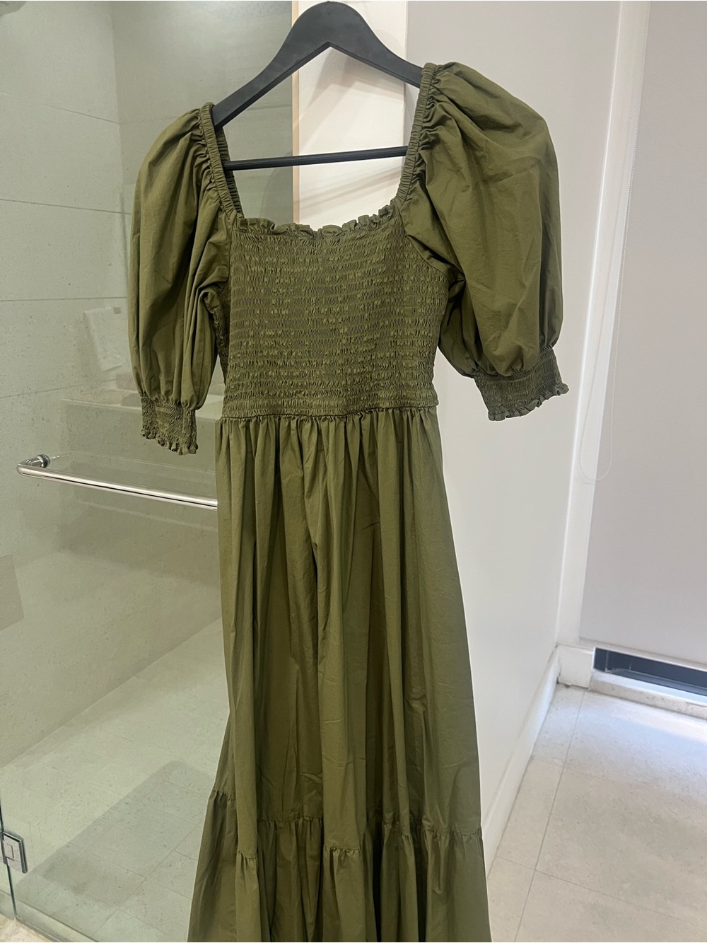INC International Concepts Olive Green Puff-Sleeve Smocked Maxi Dress